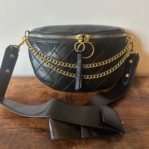 Black Quilted Crossbody Bag with Gold Chain Faux Leather Adjustable NWT